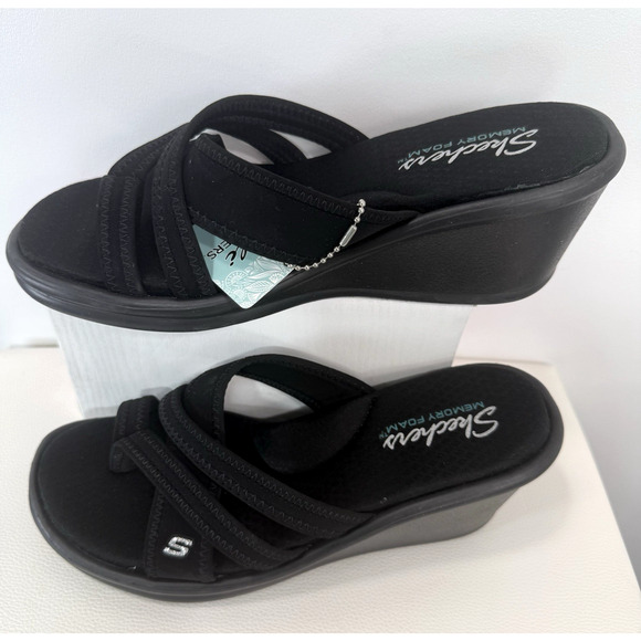 Skechers Women's Rumblers Happy Dayz Black Wedge Sandals - Size 8 - Picture 6 of 11